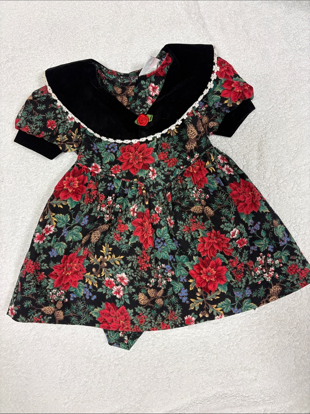 K.L.L. Vintage Black Floral Holiday Dress Red Poinsettia Print velvet collar 2t